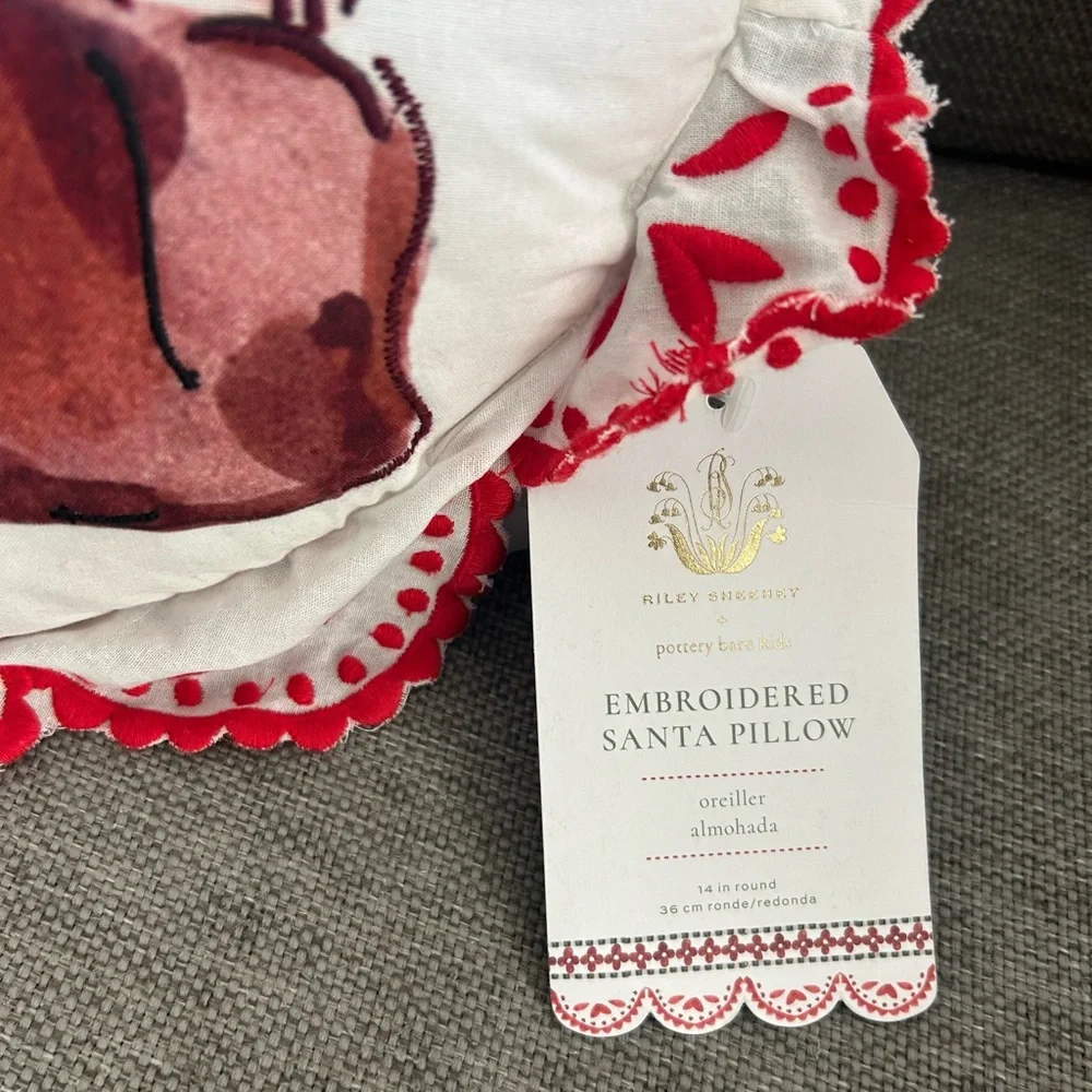 Pottery Barn Kids Riley Sheehey Embroidered Santa Pillow Christmas NWT